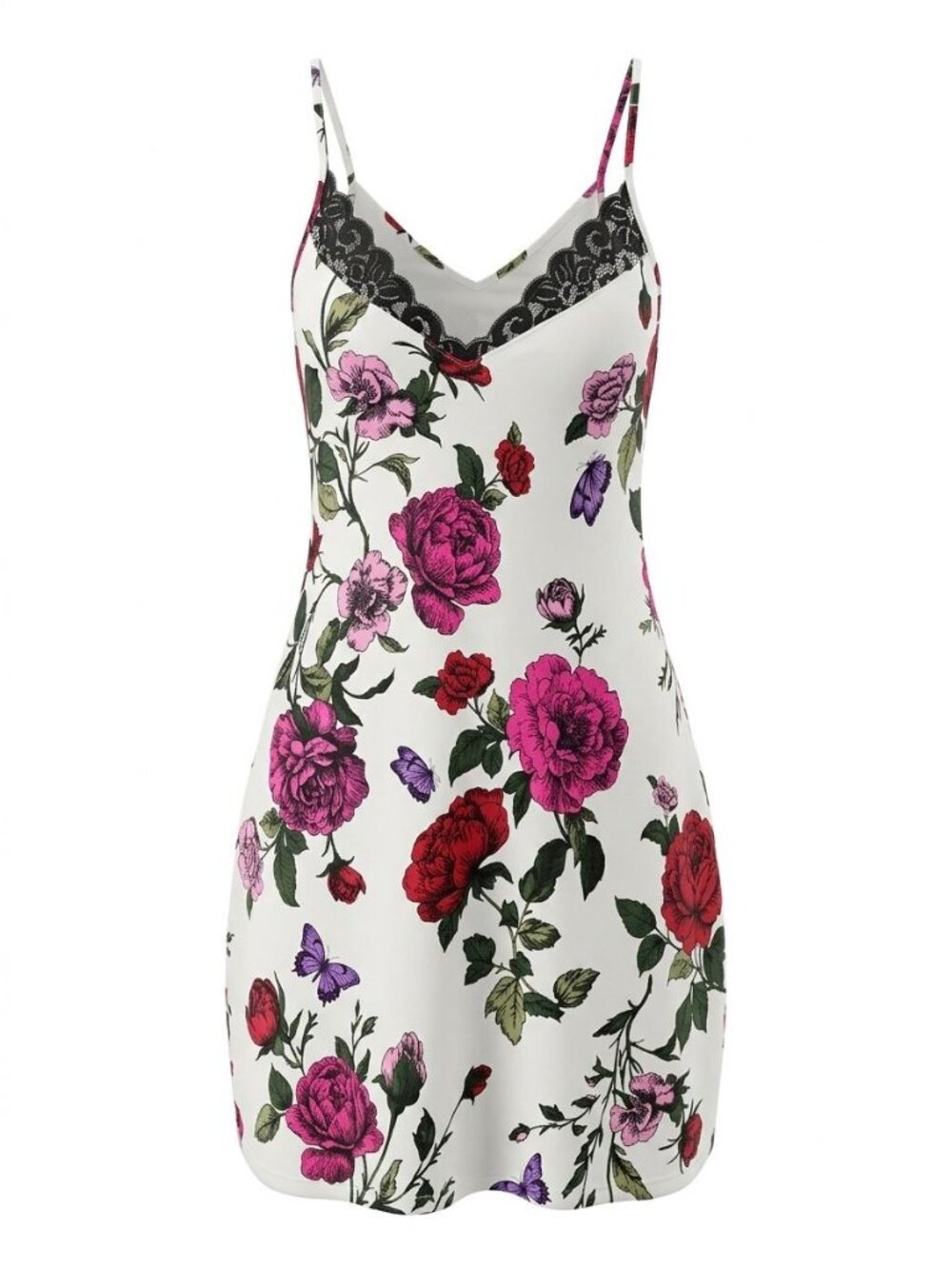 NWT Linea Donatella Floral Chemise Sz M Ivory Pink Black Lace Trim Nightgown